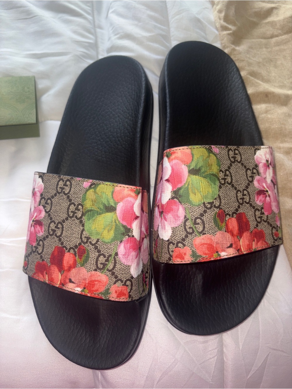 Gucci Black Slide Sandals with Floral Monogram Strap
